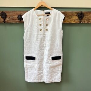 J.Crew Womens White Linen Nautical Grommet Shift Dress Navy Stripe F1838 Size 12